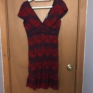 Lace cocktail dress, size M, red with navy detail